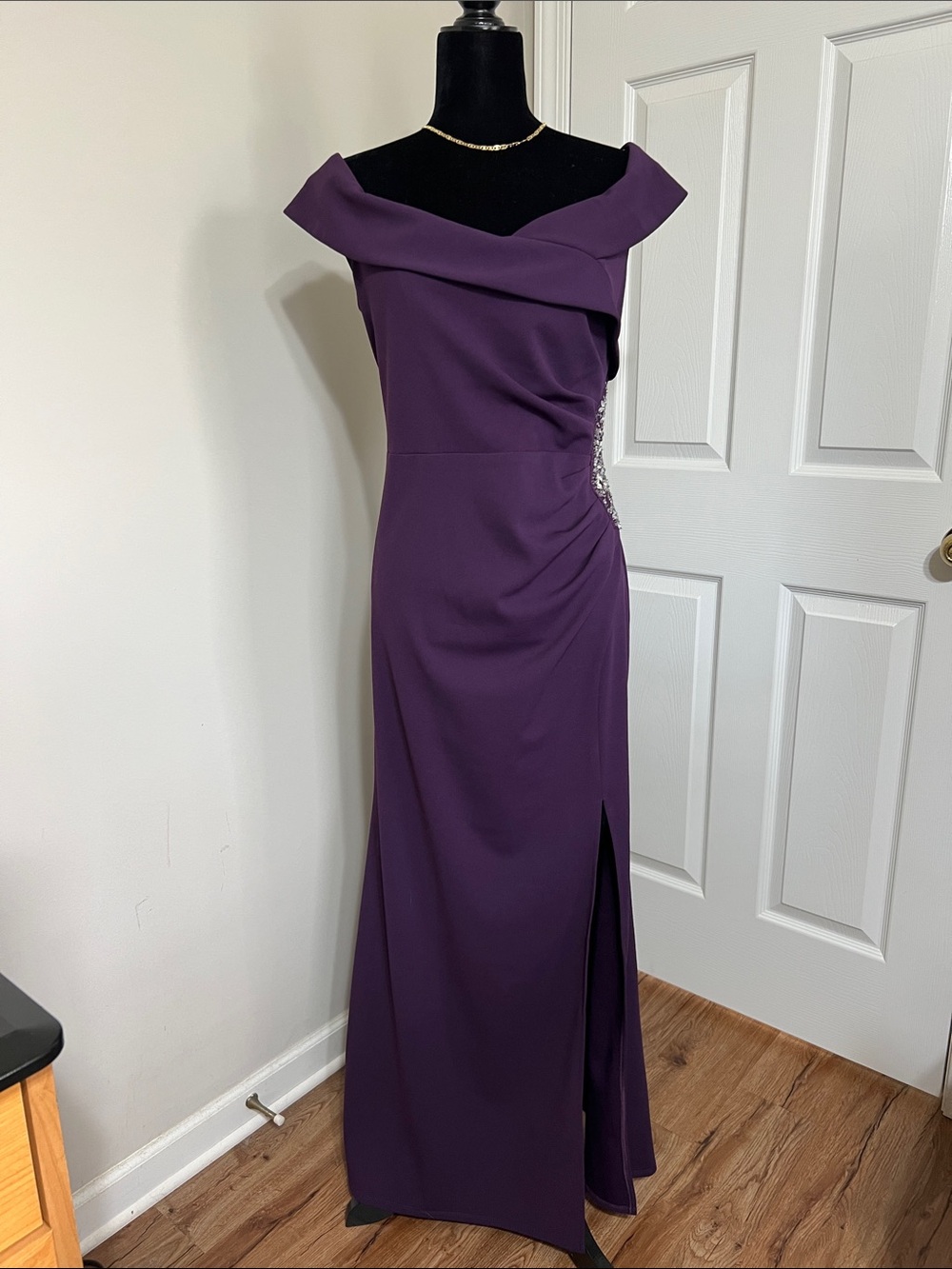SLNY Off-Shoulder Purple Evening Gown with Side Slit